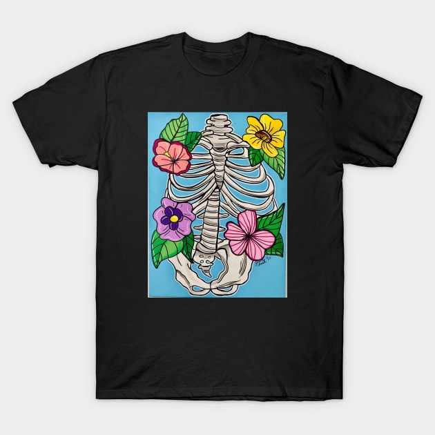 Ribcage with Flowers T-Shirt by Stay Weird Studio Art